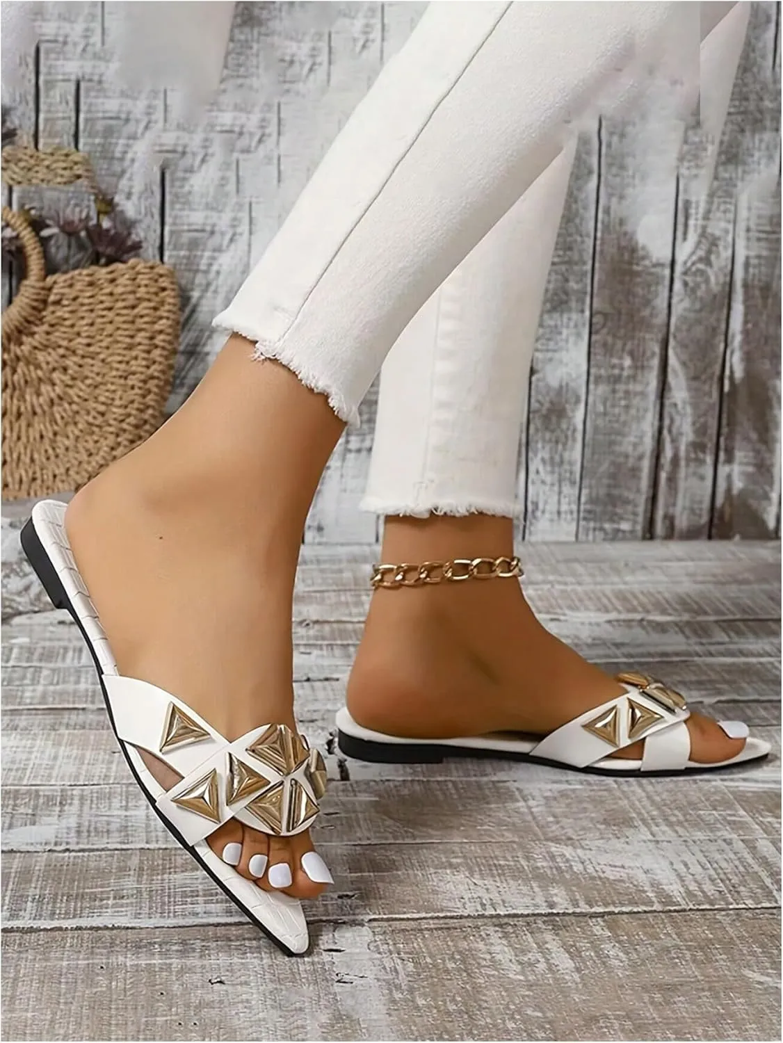 GORGLITTER Women's Studded Sandals Pointed Open Toe Slip on Slide Sandals