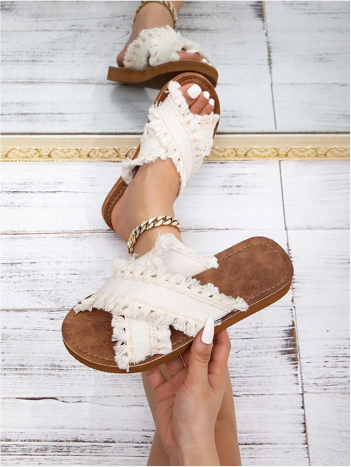 GORGLITTER Women's Tassel Raw Trim Flat Sandals Criss Cross Open Toe Slip On Slide Sandals