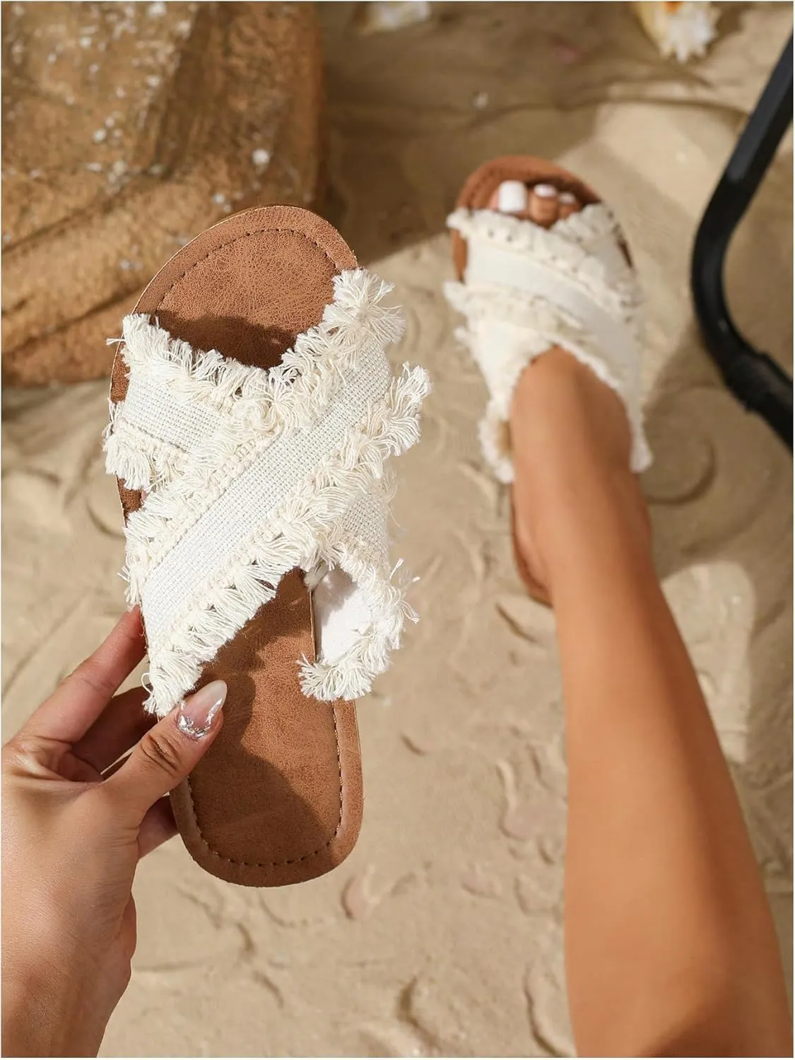 GORGLITTER Women's Tassel Raw Trim Flat Sandals Criss Cross Open Toe Slip On Slide Sandals