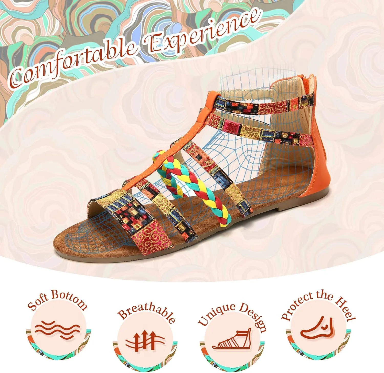gracosy Flat Sandals for Women, Wedges Sandals Gladiator Summer Dress Sandals Ankle Slippers Woven Straps Shoes Flip Flop Thong