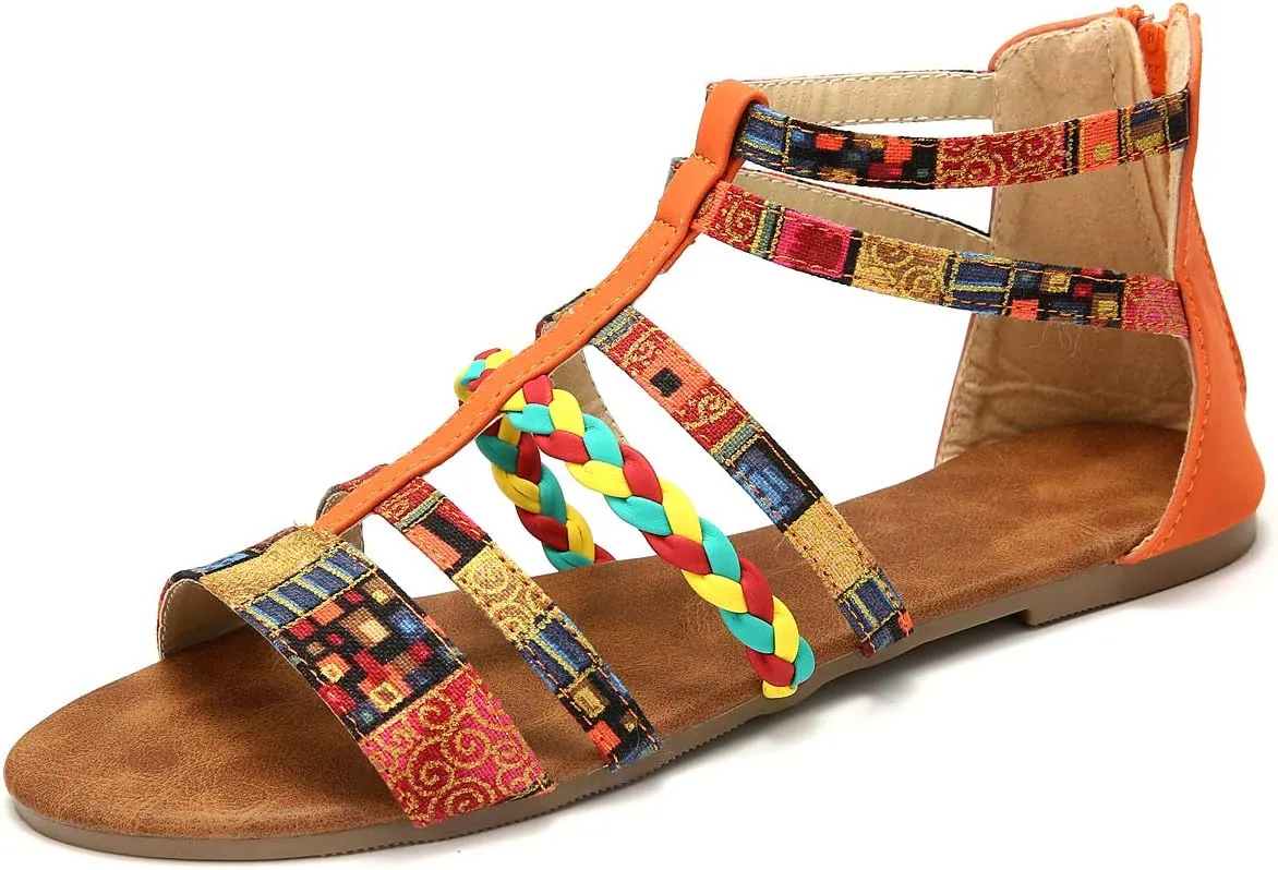 gracosy Flat Sandals for Women, Wedges Sandals Gladiator Summer Dress Sandals Ankle Slippers Woven Straps Shoes Flip Flop Thong