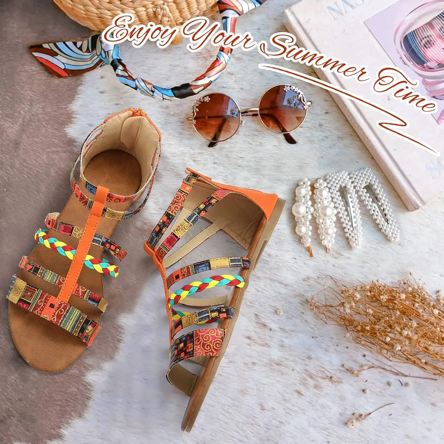 gracosy Flat Sandals for Women, Wedges Sandals Gladiator Summer Dress Sandals Ankle Slippers Woven Straps Shoes Flip Flop Thong