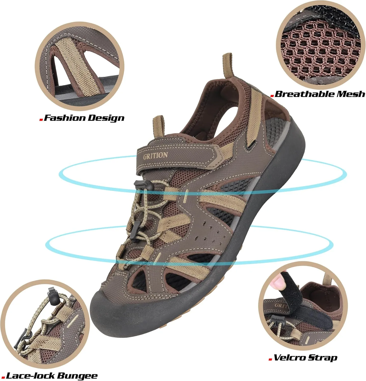 GRITION Mens Outdoor Hiking Sandals Summer Beach Closed Toe Water Sandal Waterproof Comfortable Fisherman Adventures Sport Athletic Walking Traveling Shoes Sandles