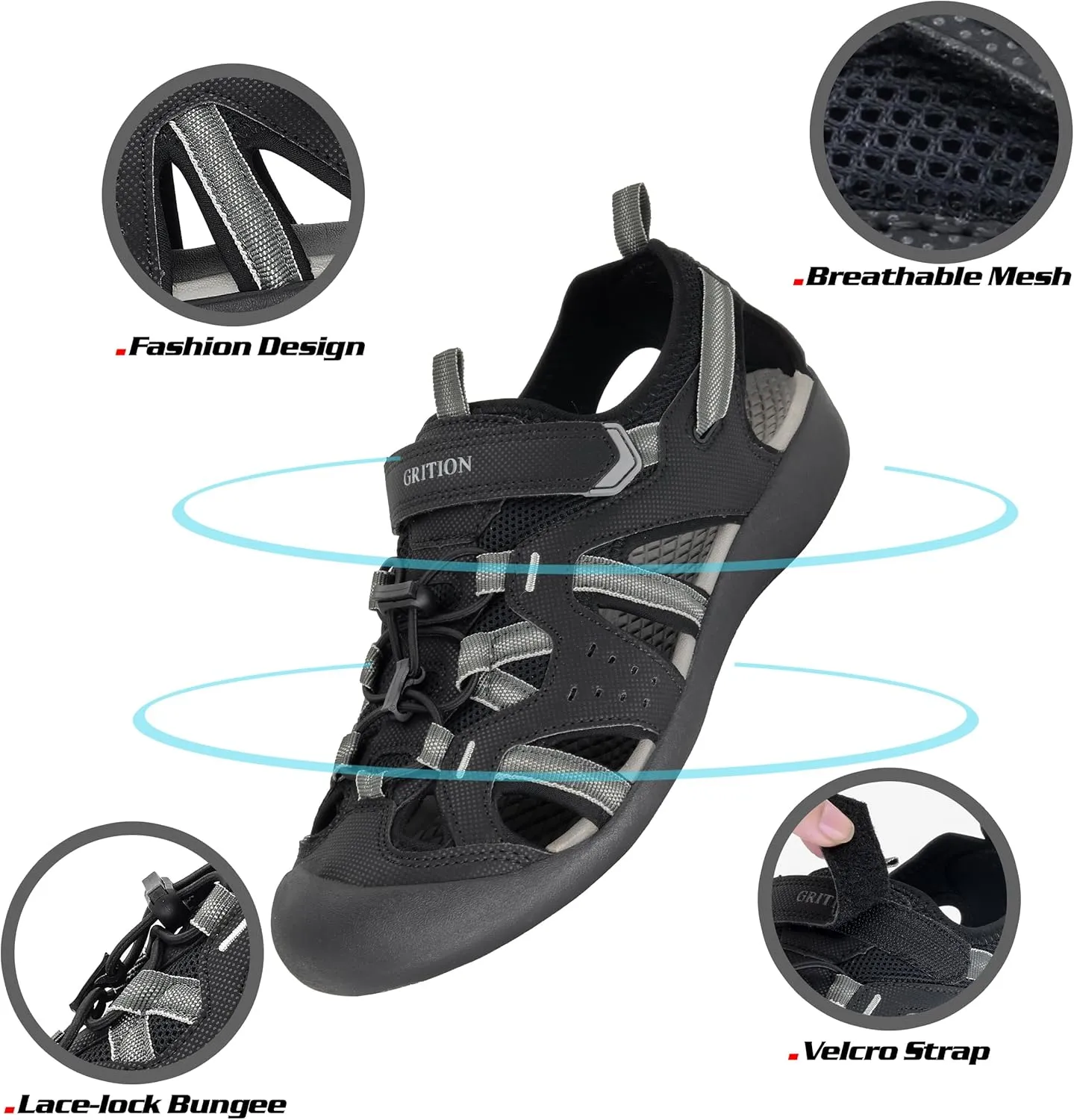 GRITION Mens Outdoor Hiking Sandals Summer Beach Closed Toe Water Sandal Waterproof Comfortable Fisherman Adventures Sport Athletic Walking Traveling Shoes Sandles