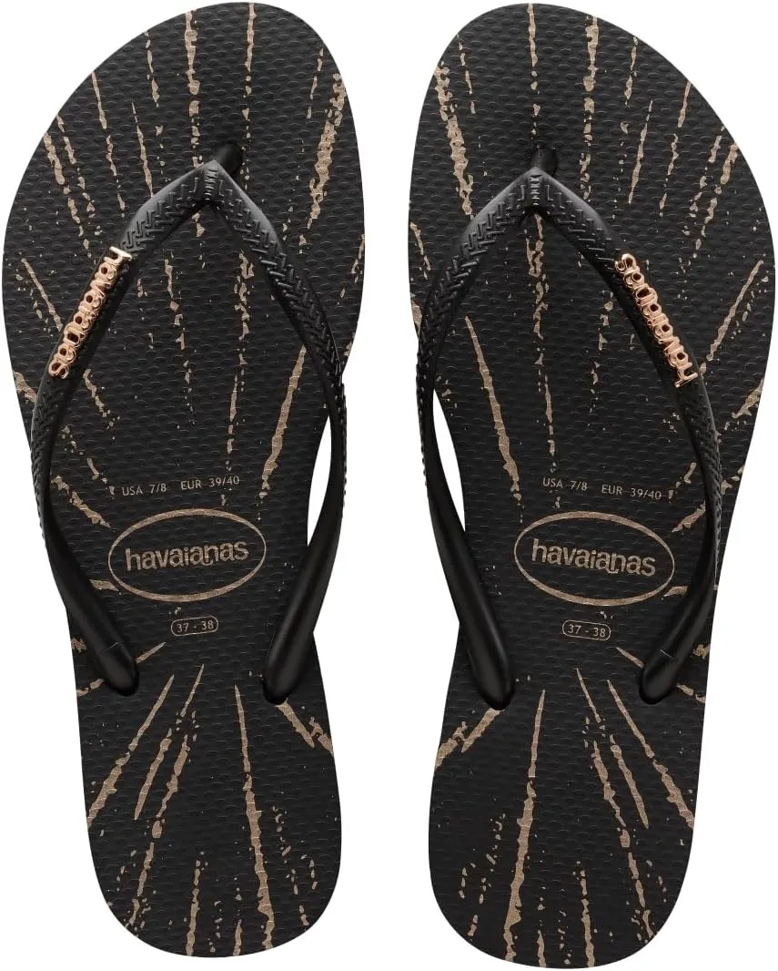 havaianas women slim metallic print sandal - black/rose gold metallic - 7/8
