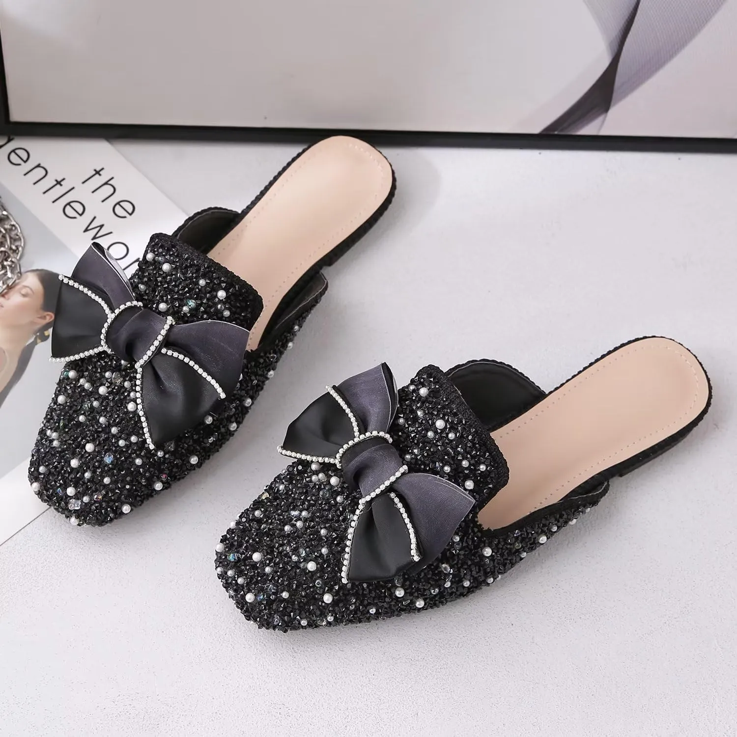 Hee grand Women Mules Bow-Knot Closed Square Toe Mules Fashion Rhinestones Flat Slippers Slip On Loafers Casual Flat Shoes