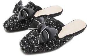 Hee grand Women Mules Bow-Knot Closed Square Toe Mules Fashion Rhinestones Flat Slippers Slip On Loafers Casual Flat Shoes