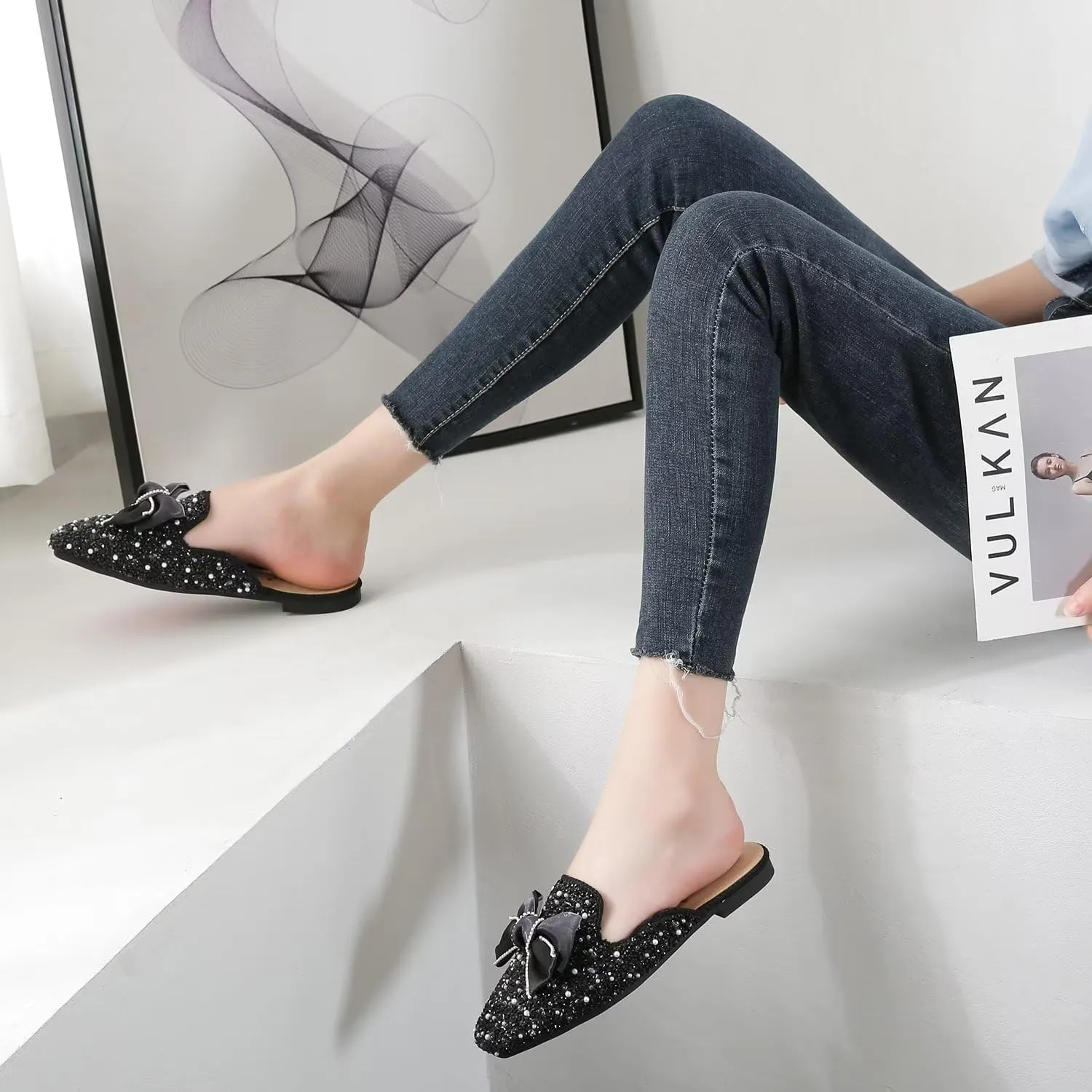 Hee grand Women Mules Bow-Knot Closed Square Toe Mules Fashion Rhinestones Flat Slippers Slip On Loafers Casual Flat Shoes