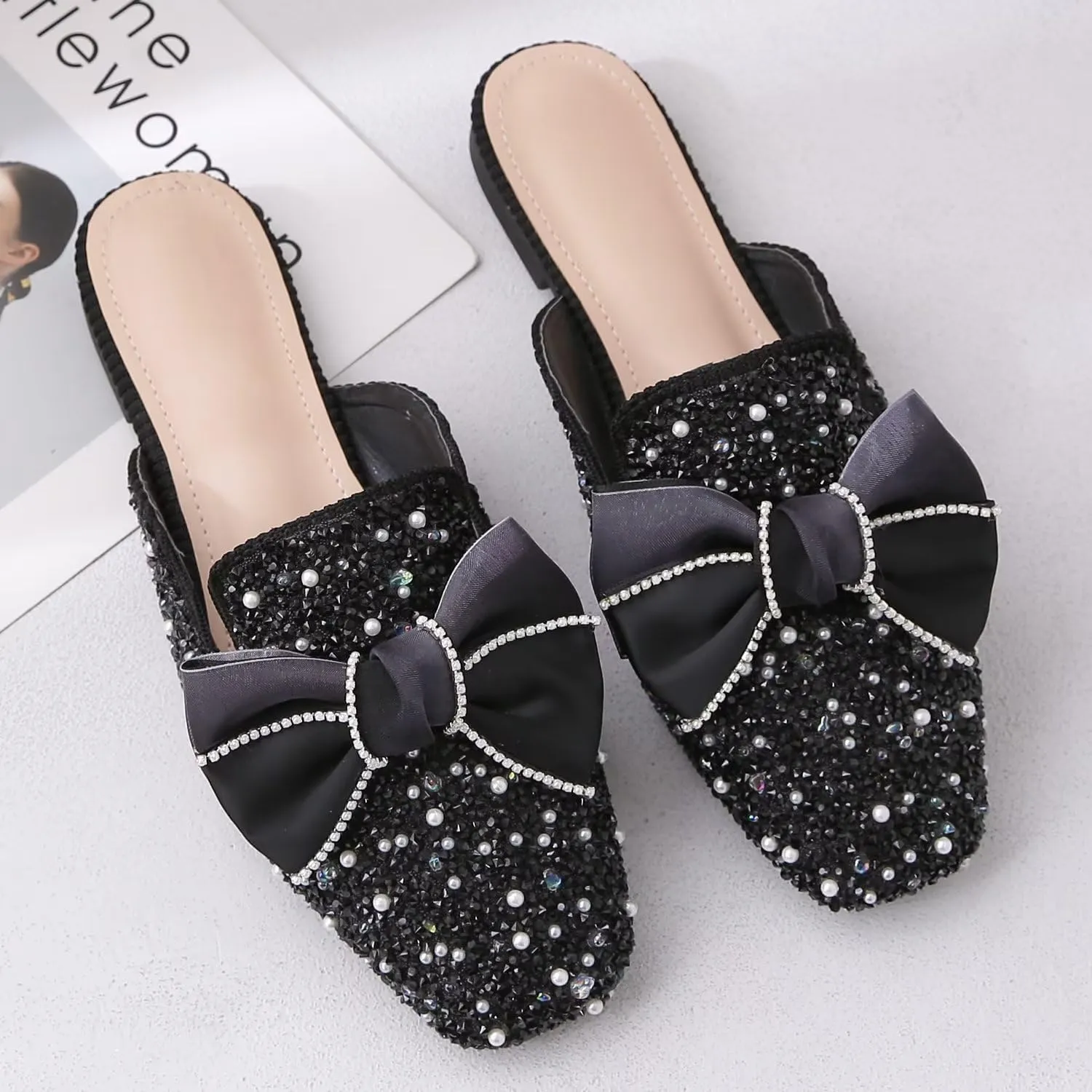 Hee grand Women Mules Bow-Knot Closed Square Toe Mules Fashion Rhinestones Flat Slippers Slip On Loafers Casual Flat Shoes