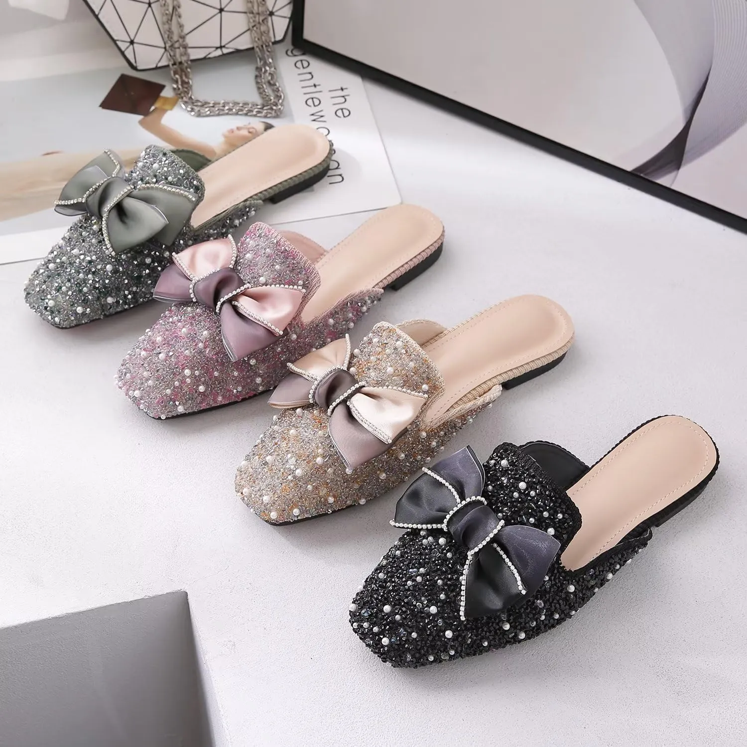 Hee grand Women Mules Bow-Knot Closed Square Toe Mules Fashion Rhinestones Flat Slippers Slip On Loafers Casual Flat Shoes