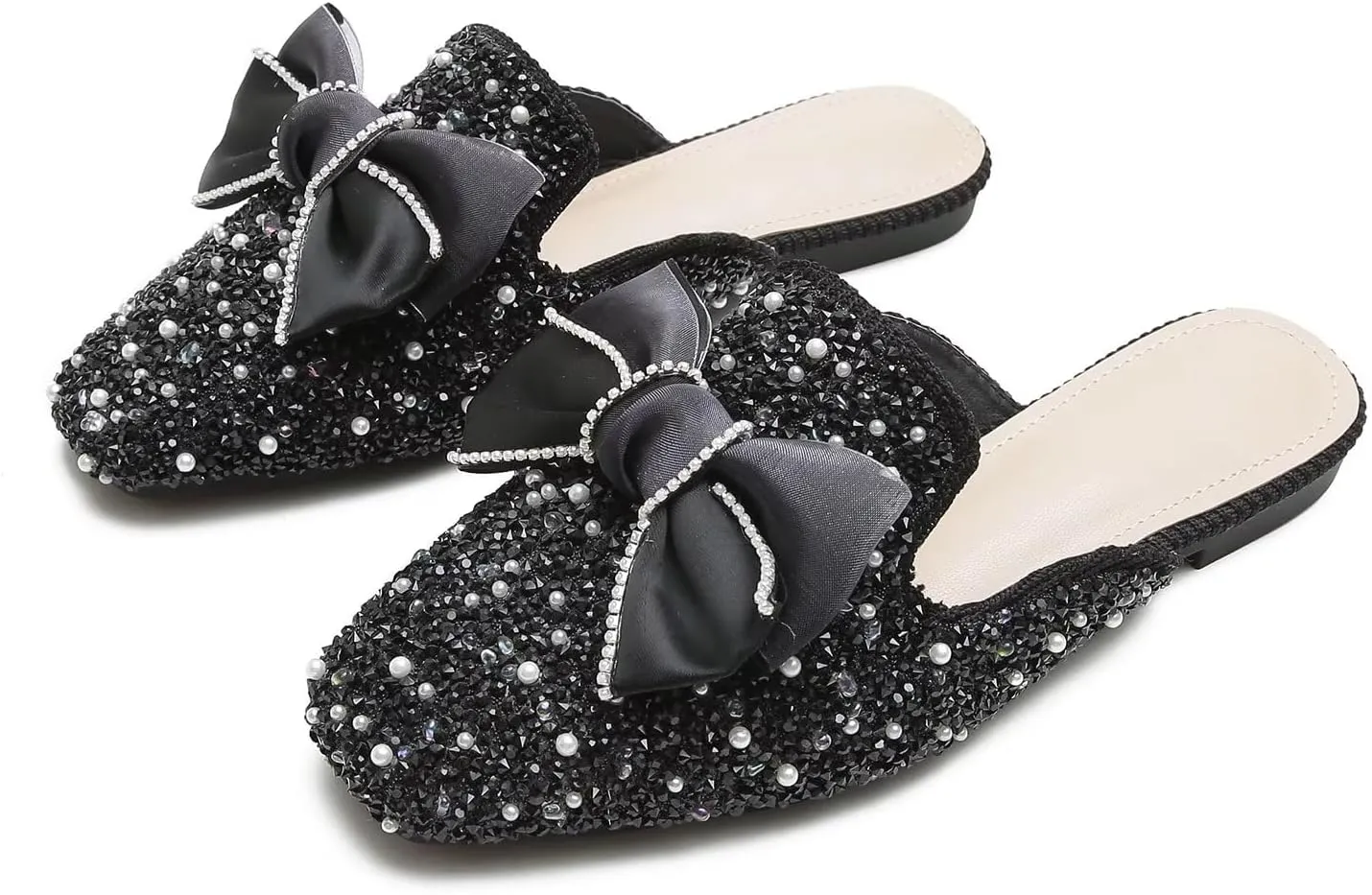 Hee grand Women Mules Bow-Knot Closed Square Toe Mules Fashion Rhinestones Flat Slippers Slip On Loafers Casual Flat Shoes