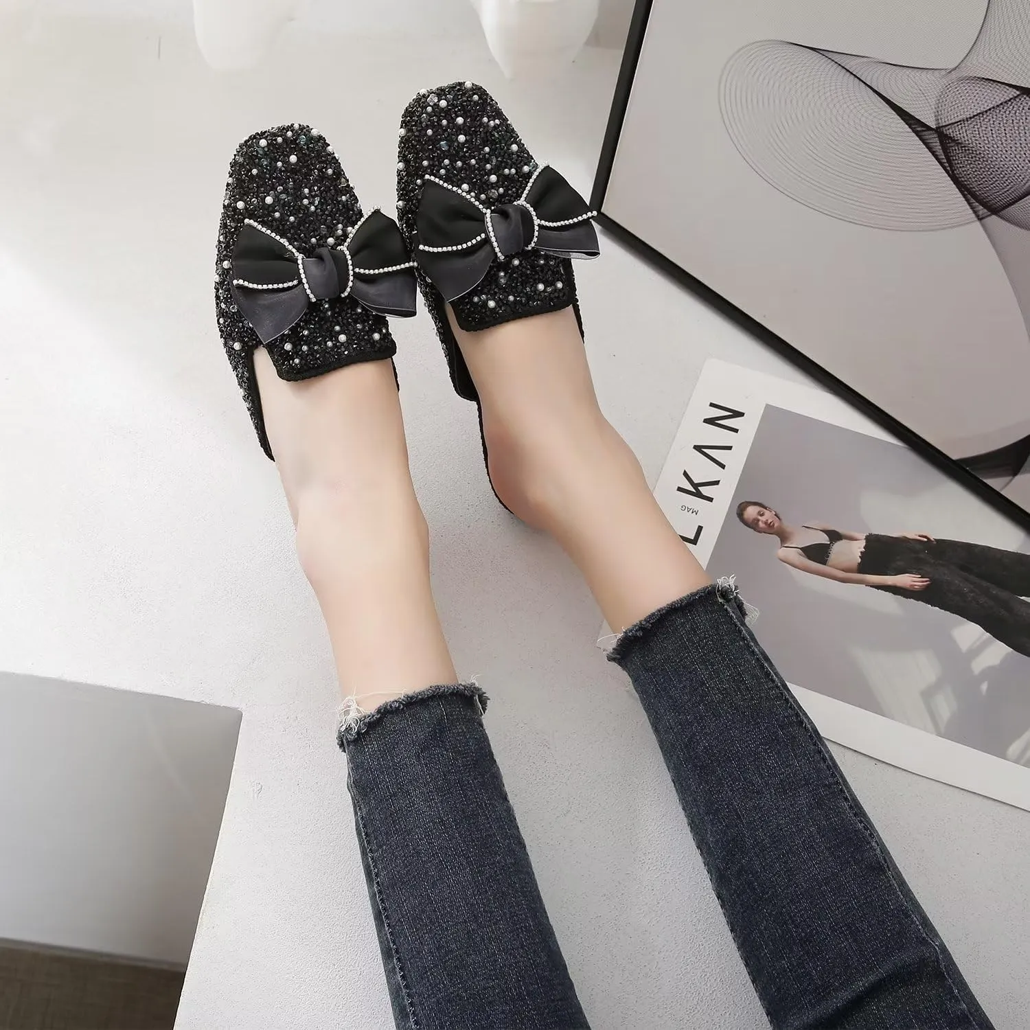 Hee grand Women Mules Bow-Knot Closed Square Toe Mules Fashion Rhinestones Flat Slippers Slip On Loafers Casual Flat Shoes