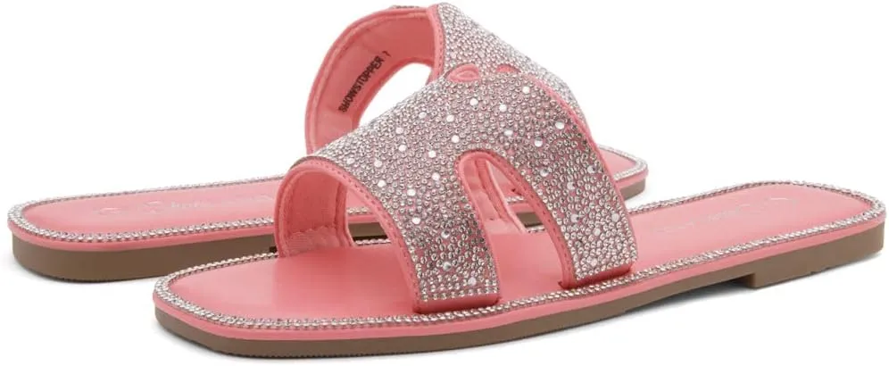 Herstyle Showstopper Women's Flat Sandals, Fashion Rhinestone Slides, Open Toe Slip-On Slippers with Cushioned Footbed, Casual Bling Sandals for Summer and Daily Wear