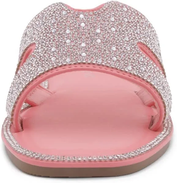 Herstyle Showstopper Women's Flat Sandals, Fashion Rhinestone Slides, Open Toe Slip-On Slippers with Cushioned Footbed, Casual Bling Sandals for Summer and Daily Wear