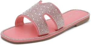 Herstyle Showstopper Women's Flat Sandals, Fashion Rhinestone Slides, Open Toe Slip-On Slippers with Cushioned Footbed, Casual Bling Sandals for Summer and Daily Wear