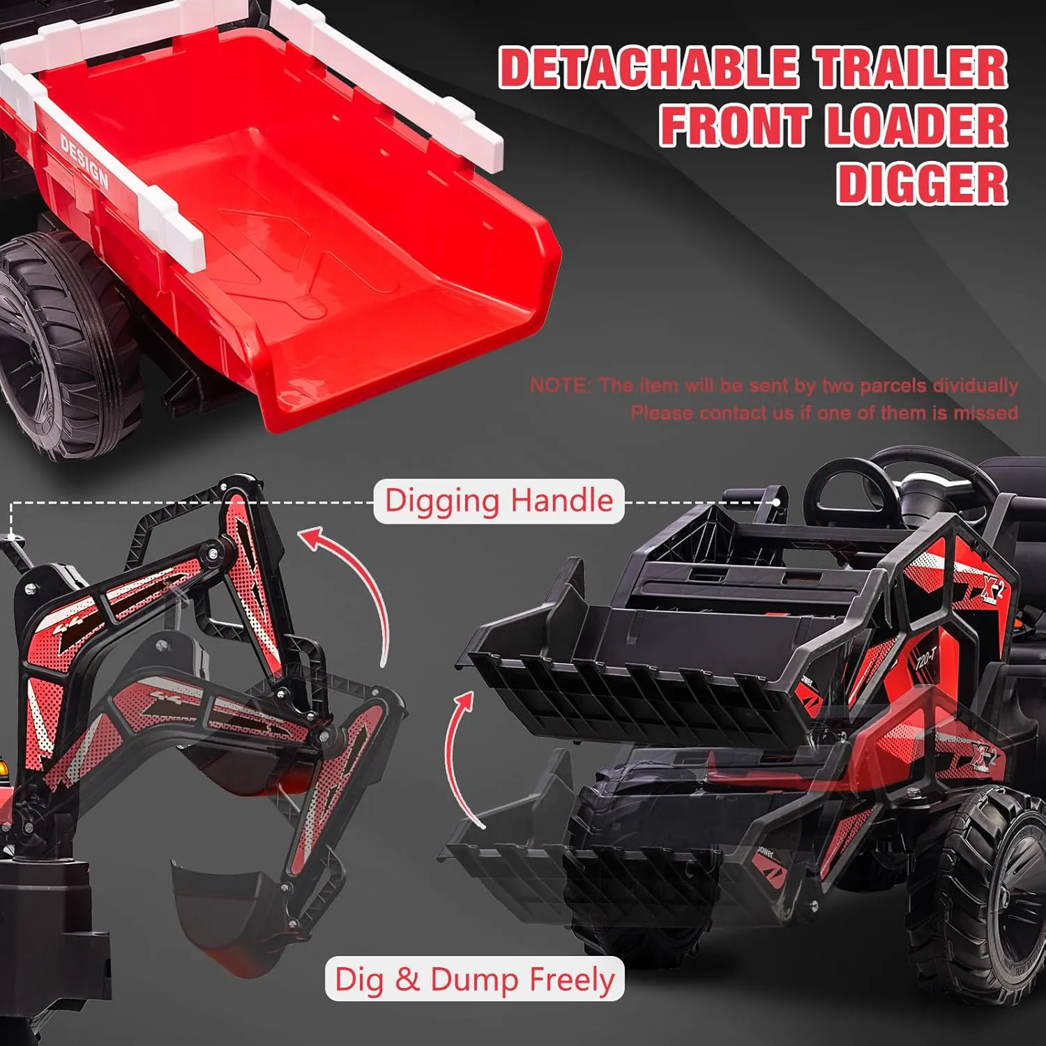 Hetoy 3 in 1 Kids Ride on Tractor, Excavator & Bulldozer, 24V Electric Tractor w/Trailer, Digger, Shovel Bucket, Remote Control, EVA Tires, LED Lights, Music & USB, Ride on Car Toy, Red
