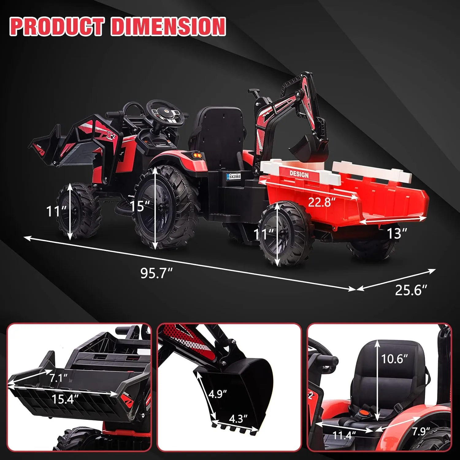 Hetoy 3 in 1 Kids Ride on Tractor, Excavator & Bulldozer, 24V Electric Tractor w/Trailer, Digger, Shovel Bucket, Remote Control, EVA Tires, LED Lights, Music & USB, Ride on Car Toy, Red