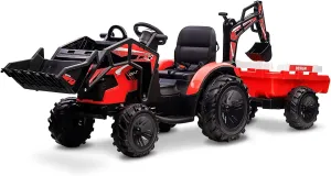 Hetoy 3 in 1 Kids Ride on Tractor, Excavator & Bulldozer, 24V Electric Tractor w/Trailer, Digger, Shovel Bucket, Remote Control, EVA Tires, LED Lights, Music & USB, Ride on Car Toy, Red