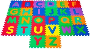Hey! Play! Interlocking Foam Tile Play Mat with Letters - Nontoxic Children's Multicolor Puzzle Tiles for Playrooms, Nurseries, Classrooms and More, 12.5 x 12.5 x .25"