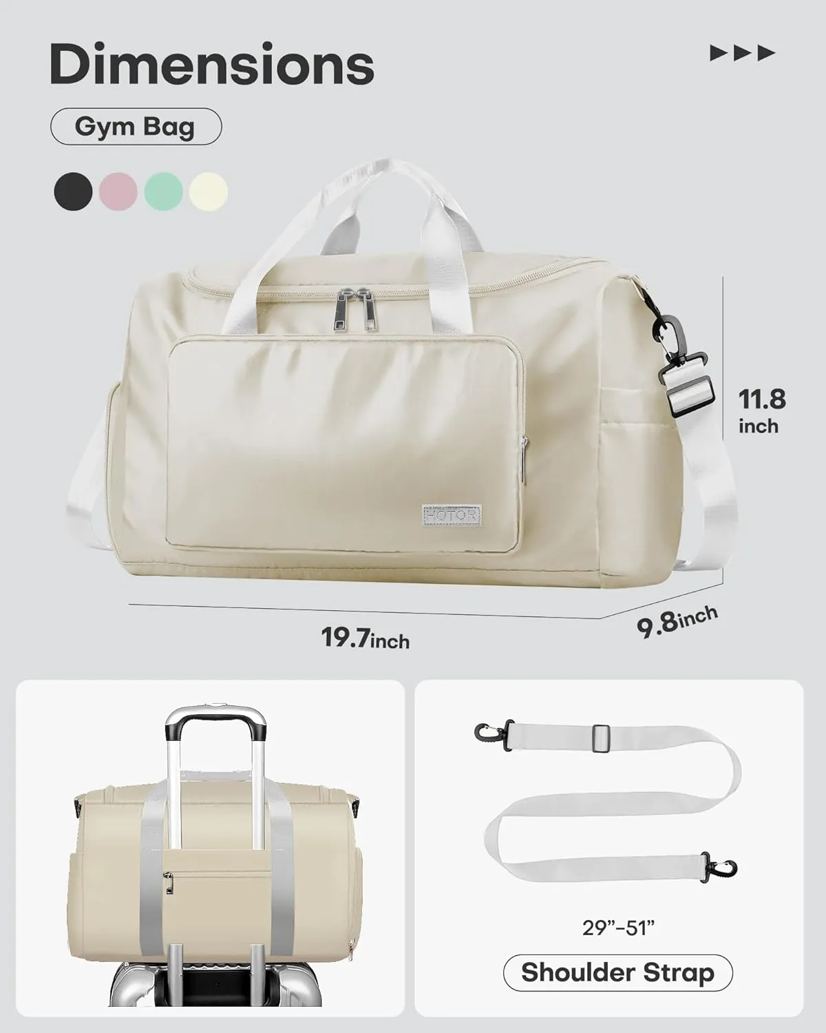 HOTOR Gym Bag for Men and Women - Travel Duffle Bag with Shoe Compartment and Waterproof Pocket, Carry on Luggage with Trolley Sleeve for Sports, Weekend Trips, Beige, 19.7" × 9.8" × 11.8"