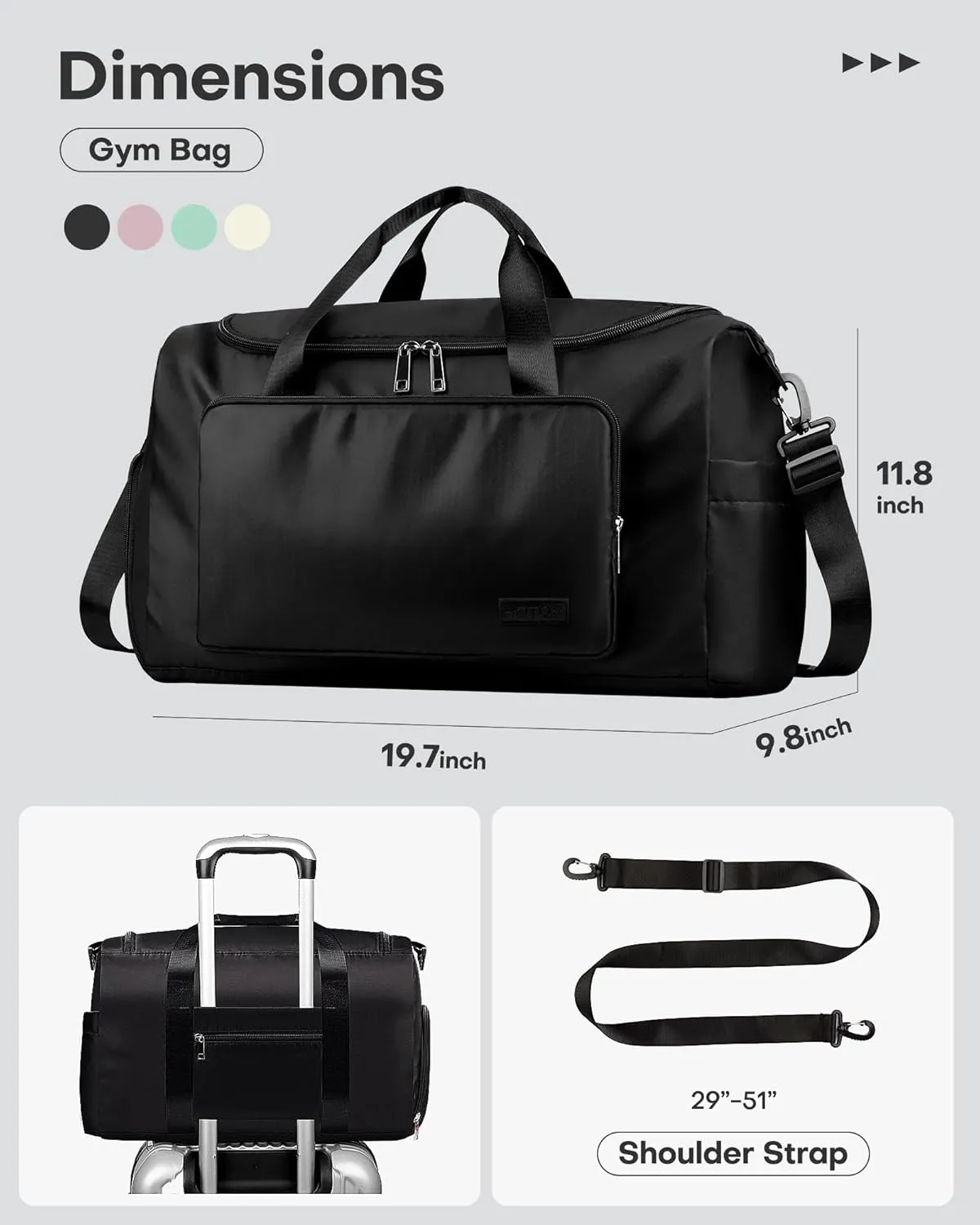 HOTOR Gym Bag for Men and Women - Travel Duffle Bag with Shoe Compartment and Waterproof Pocket, Carry on Luggage with Trolley Sleeve for Sports, Weekend Trips, Black, 19.7" × 9.8" × 11.8"