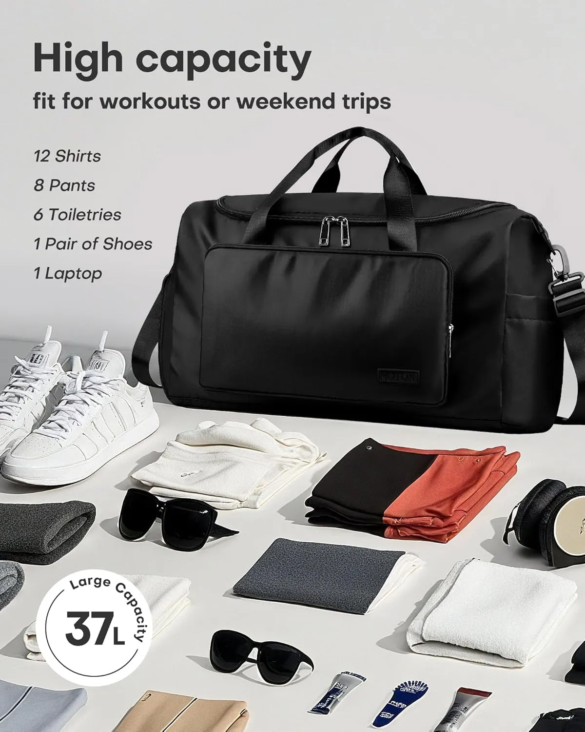 HOTOR Gym Bag for Men and Women - Travel Duffle Bag with Shoe Compartment and Waterproof Pocket, Carry on Luggage with Trolley Sleeve for Sports, Weekend Trips, Black, 19.7" × 9.8" × 11.8"
