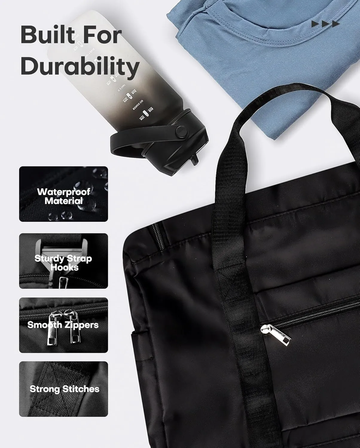 HOTOR Gym Bag for Men and Women - Travel Duffle Bag with Shoe Compartment and Waterproof Pocket, Carry on Luggage with Trolley Sleeve for Sports, Weekend Trips, Black, 19.7" × 9.8" × 11.8"