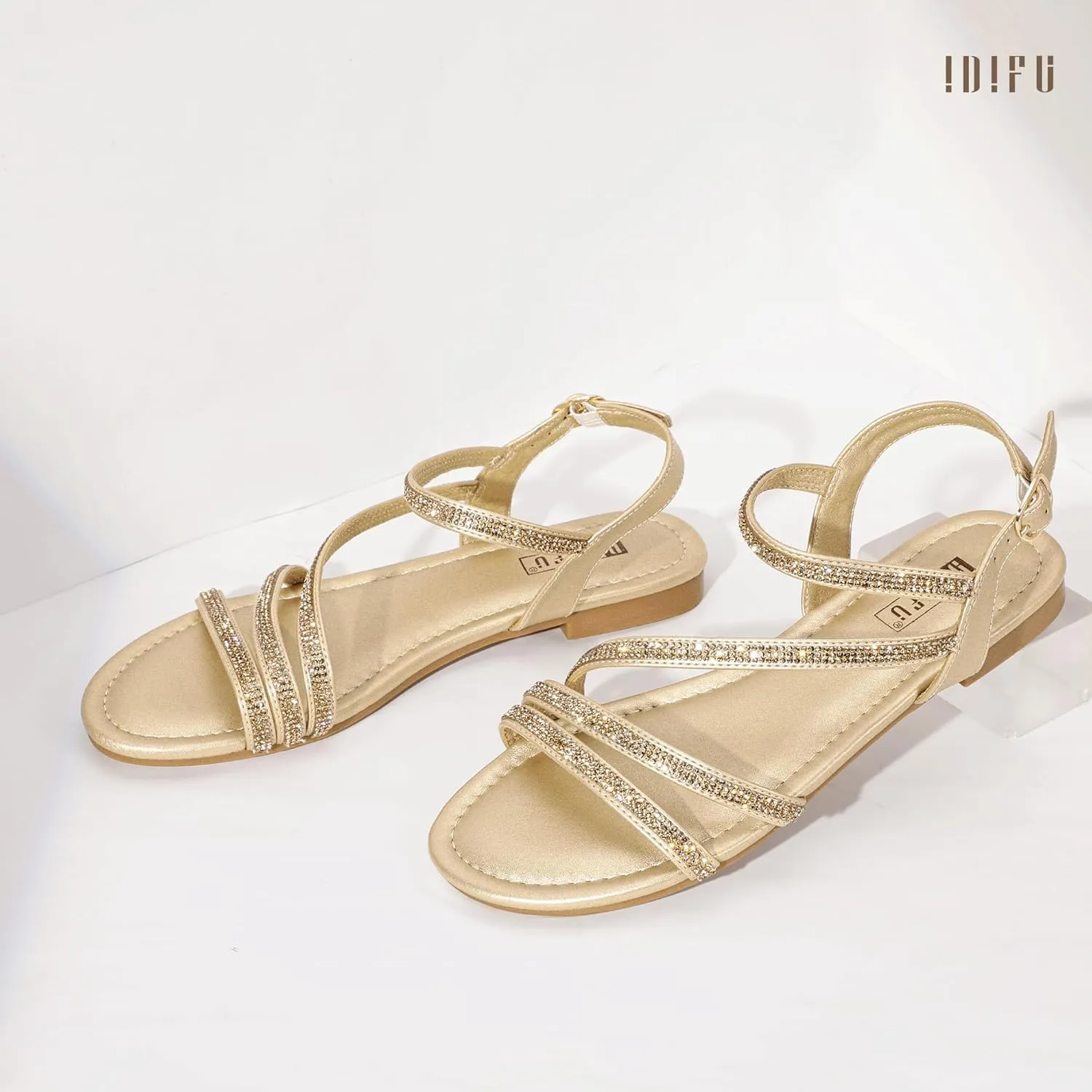 IDIFU Rhinestone Strappy Sandals for Women Dressy Summer Glitter Flat Sandals with Back Strap Open Toe Slingback Ankle Strap Sandals Wedding Bridal Prom Sparkly Bling Comfortable Cute Dress Sandals
