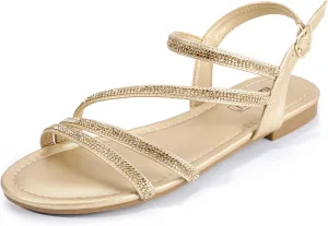 IDIFU Rhinestone Strappy Sandals for Women Dressy Summer Glitter Flat Sandals with Back Strap Open Toe Slingback Ankle Strap Sandals Wedding Bridal Prom Sparkly Bling Comfortable Cute Dress Sandals
