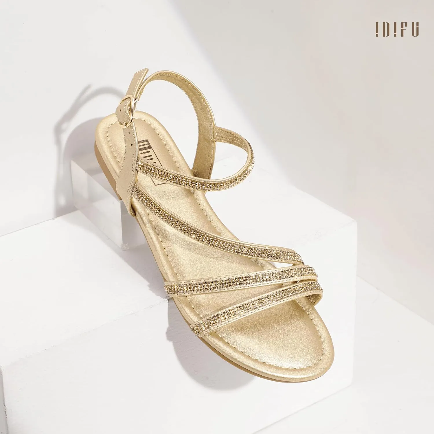 IDIFU Rhinestone Strappy Sandals for Women Dressy Summer Glitter Flat Sandals with Back Strap Open Toe Slingback Ankle Strap Sandals Wedding Bridal Prom Sparkly Bling Comfortable Cute Dress Sandals