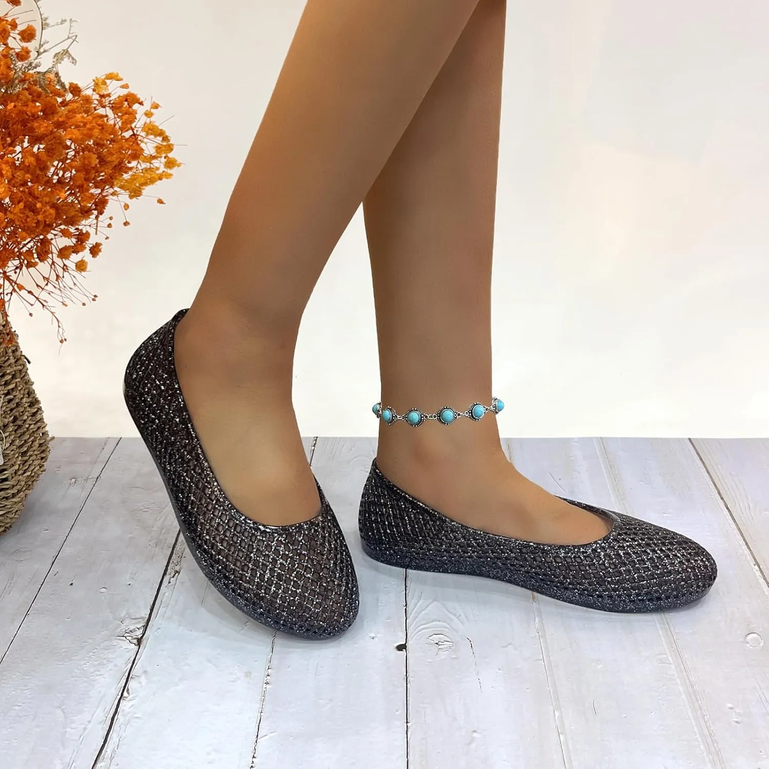 Jelly Mesh Ballet Flats for Women Clear Hollow Jellies Flat Sandals Round Toe Slip On Beach Flat Shoes
