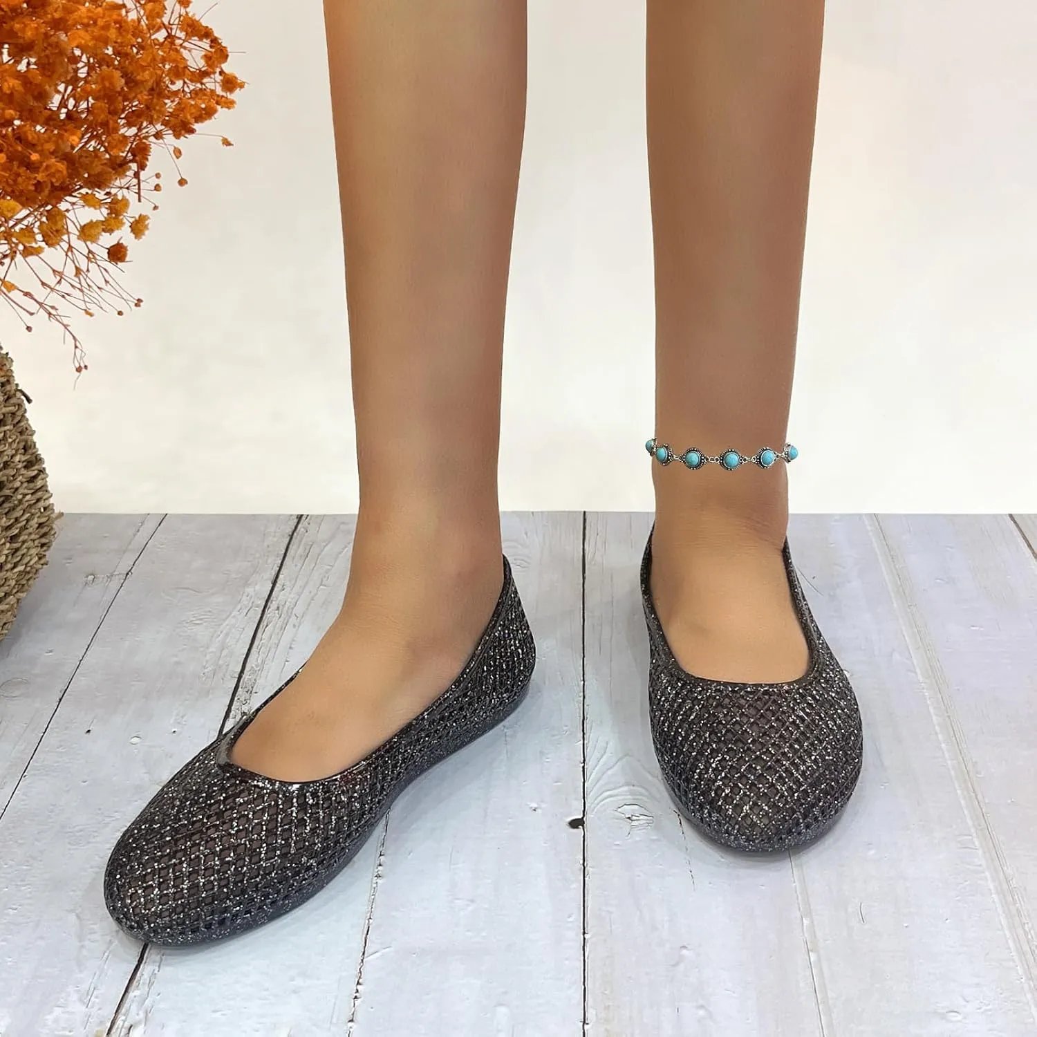 Jelly Mesh Ballet Flats for Women Clear Hollow Jellies Flat Sandals Round Toe Slip On Beach Flat Shoes
