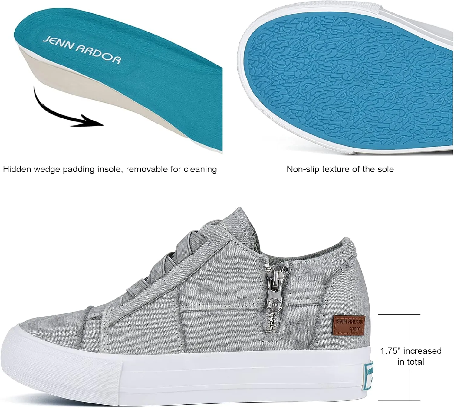 JENN ARDOR Wedge Sneakers for Women Fashion Canvas Shoes Casual Platform Hidden Heel Womens Slip On Sneaker Non Slip Side Zipper