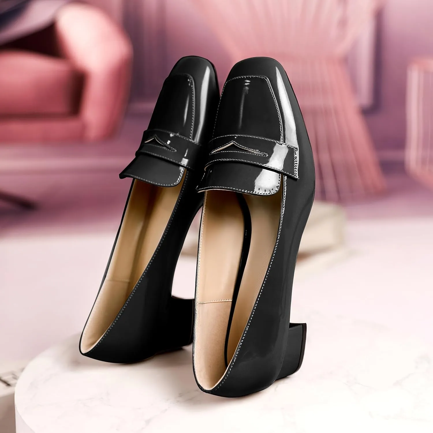 Joseywade Women Low Block Chunky Heel Pumps Slip On 1.5 Inch Square Toe Comfort Shoes