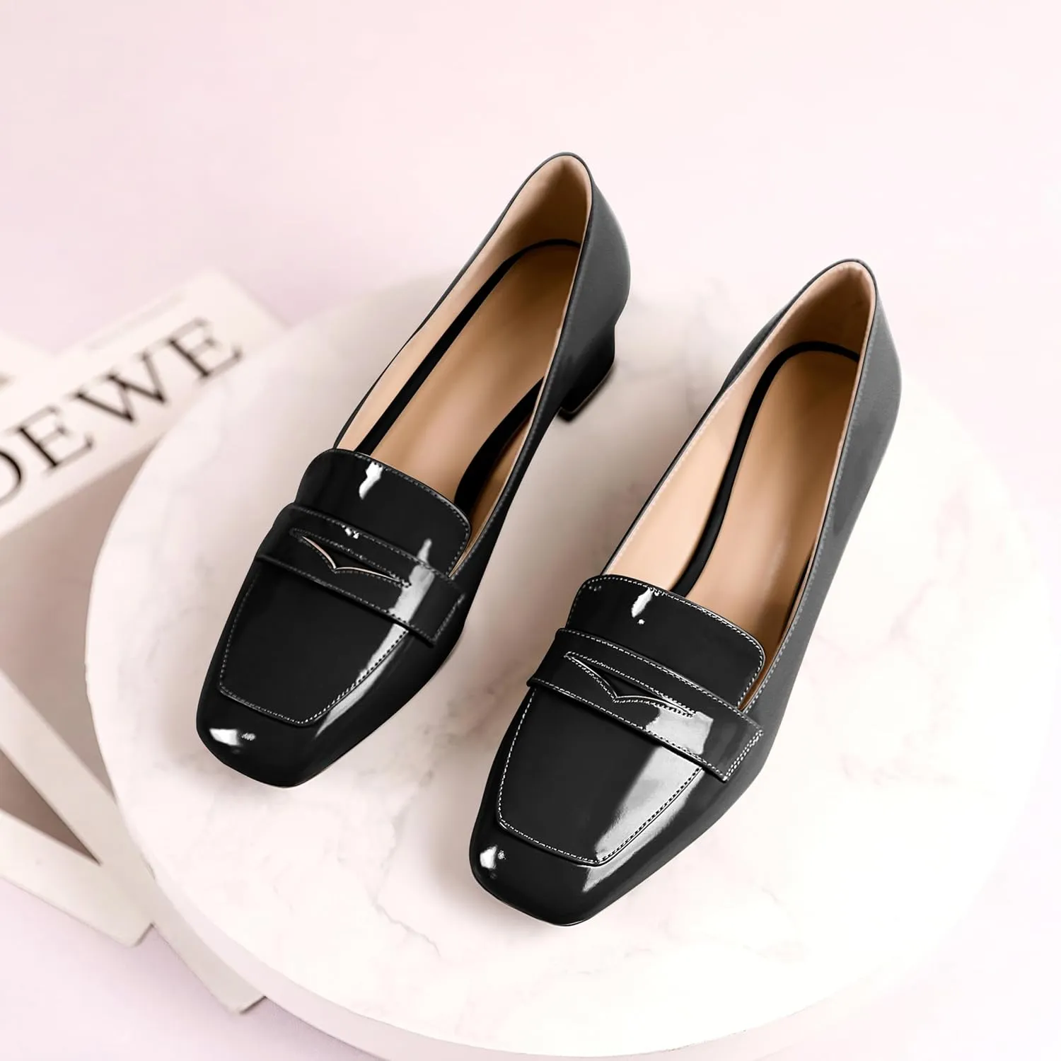 Joseywade Women Low Block Chunky Heel Pumps Slip On 1.5 Inch Square Toe Comfort Shoes