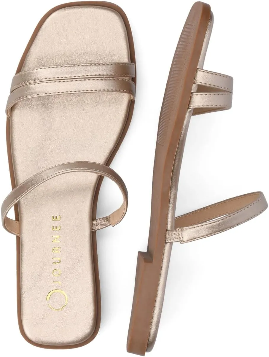 Journee Collection Womens Brisa Slip On Flat Sandals Multi Strap Cushioned Open Square Toe Spring Summer Shoe