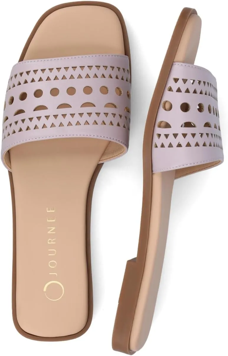 Journee Womens cushioned footbed Faux Leather Sandals Flat Sole Brodie Laser Cutout Straps