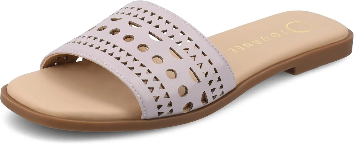 Journee Womens cushioned footbed Faux Leather Sandals Flat Sole Brodie Laser Cutout Straps