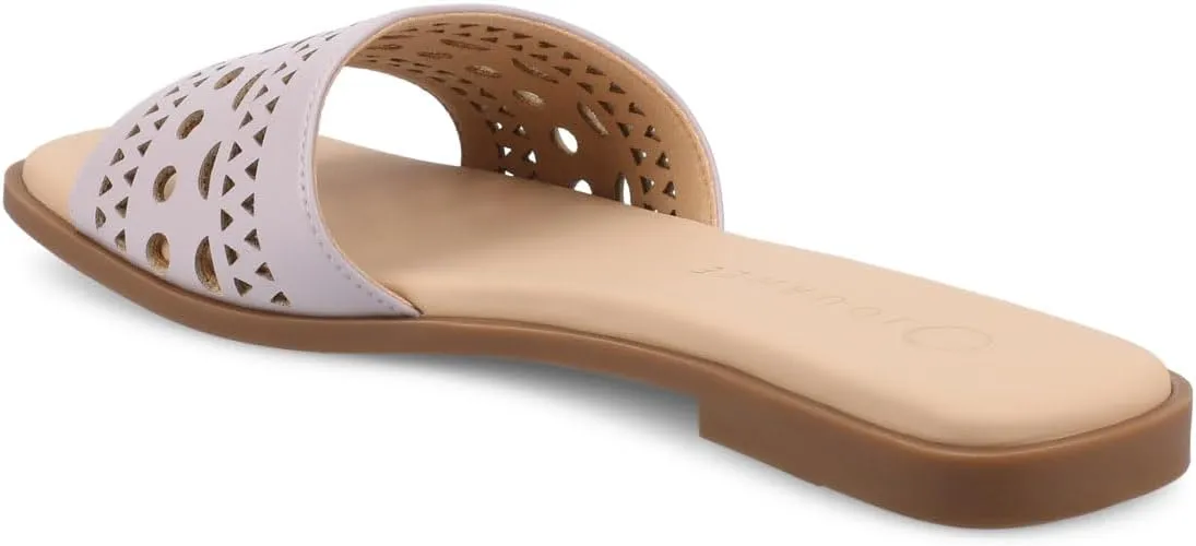 Journee Womens cushioned footbed Faux Leather Sandals Flat Sole Brodie Laser Cutout Straps