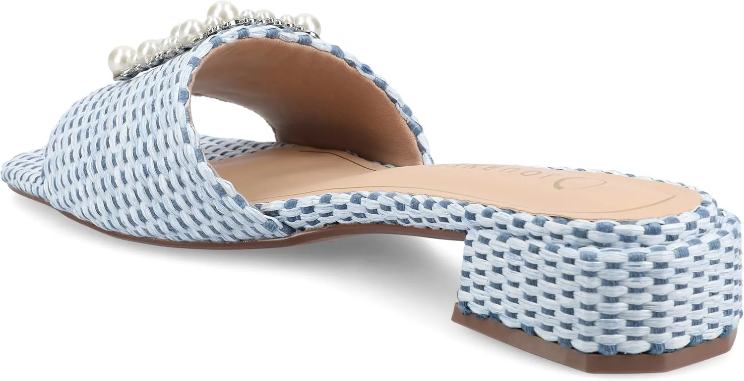 Journee Womens Pearl Raffia Slip On Open Square Toe Outset Block Heel Justina Comfort Foam Flat Sandals