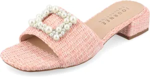 Journee Womens Pearl Raffia Slip On Open Square Toe Outset Block Heel Justina Comfort Foam Flat Sandals