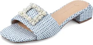 Journee Womens Pearl Raffia Slip On Open Square Toe Outset Block Heel Justina Comfort Foam Flat Sandals