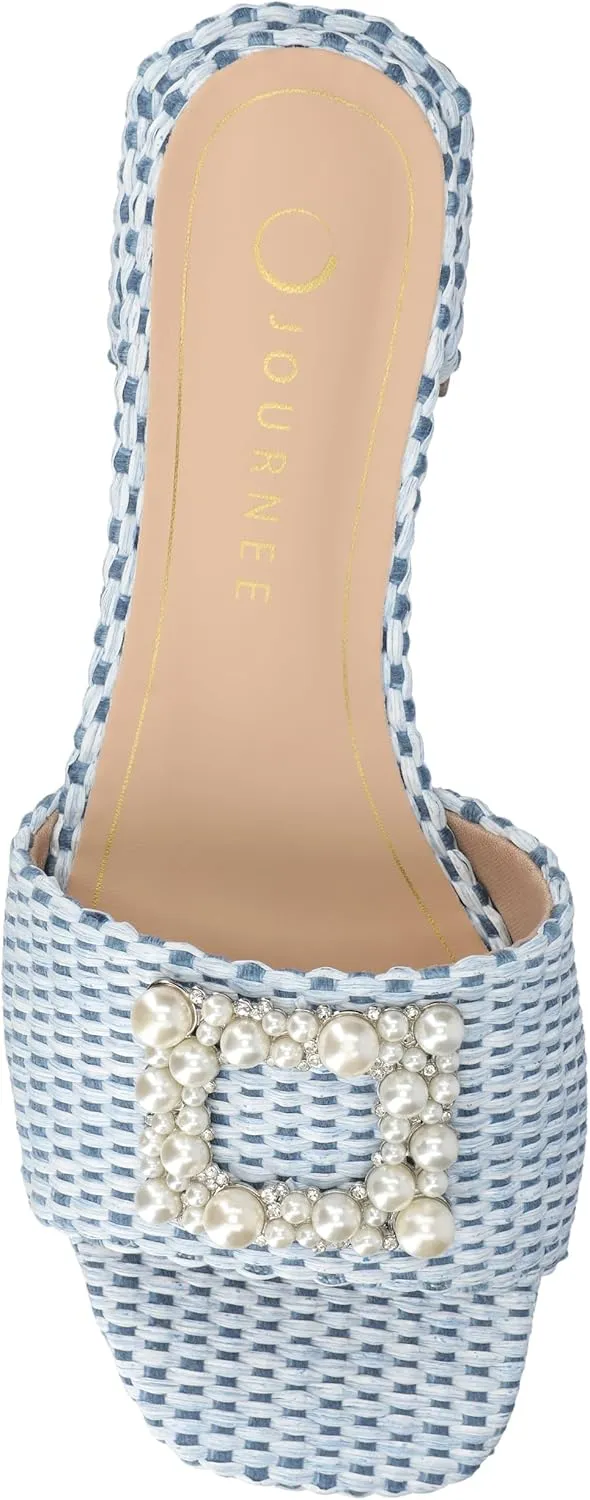 Journee Womens Pearl Raffia Slip On Open Square Toe Outset Block Heel Justina Comfort Foam Flat Sandals