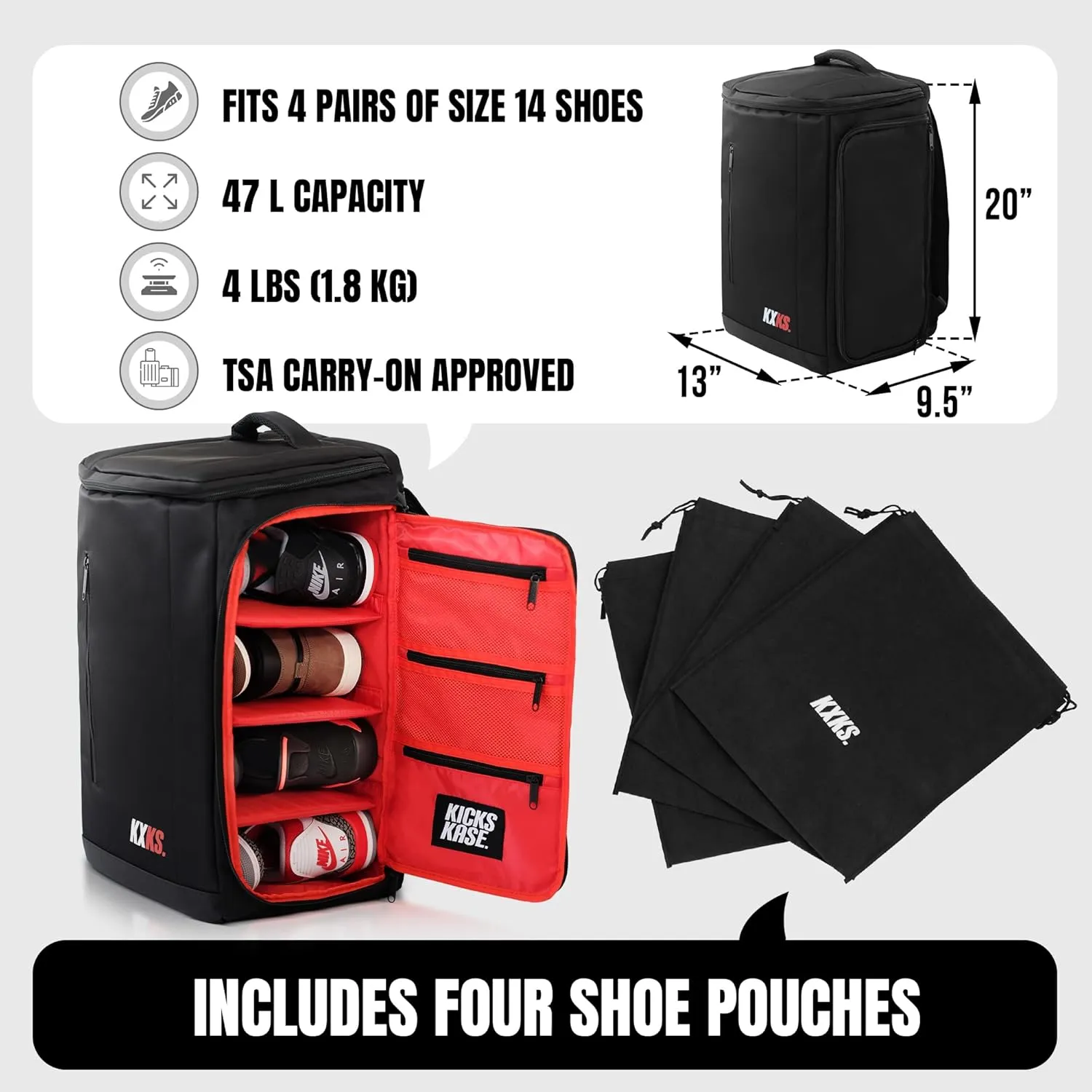 (Kicks Kase Premium Sneaker & Travel Backpack - Travel Sneaker Bag for Shoes, Perfect Gym Sports Bag, Luggage (Black/Red)