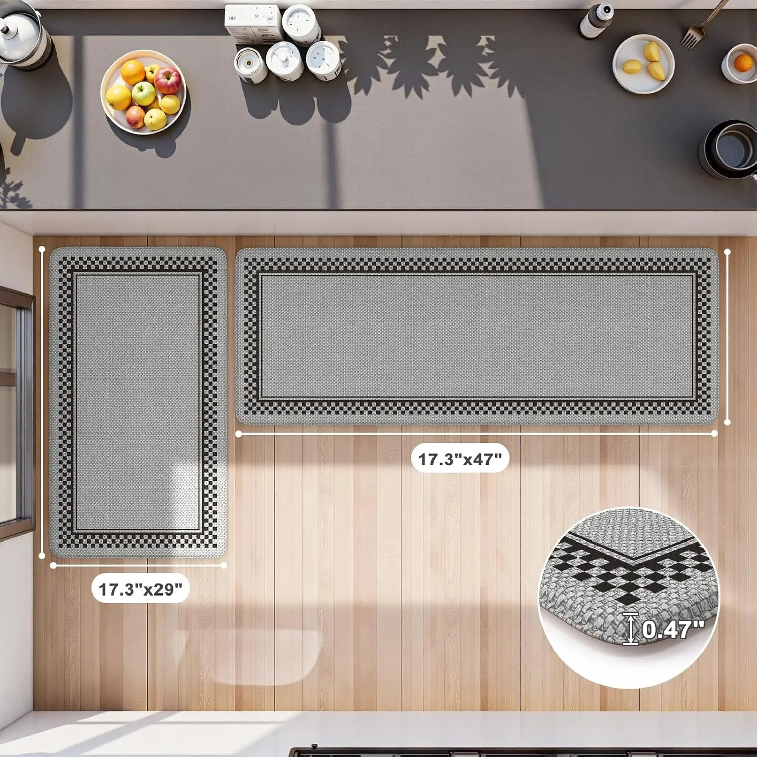 Kitchen Floor Mats Cushioned Anti Fatigue,Kitchen Mats for Floor 2 Piece,Memory Foam Kitchen Rugs Non Slip,Farmhouse Kitchen Rugs for Laundry Bathroom Sink,Grey