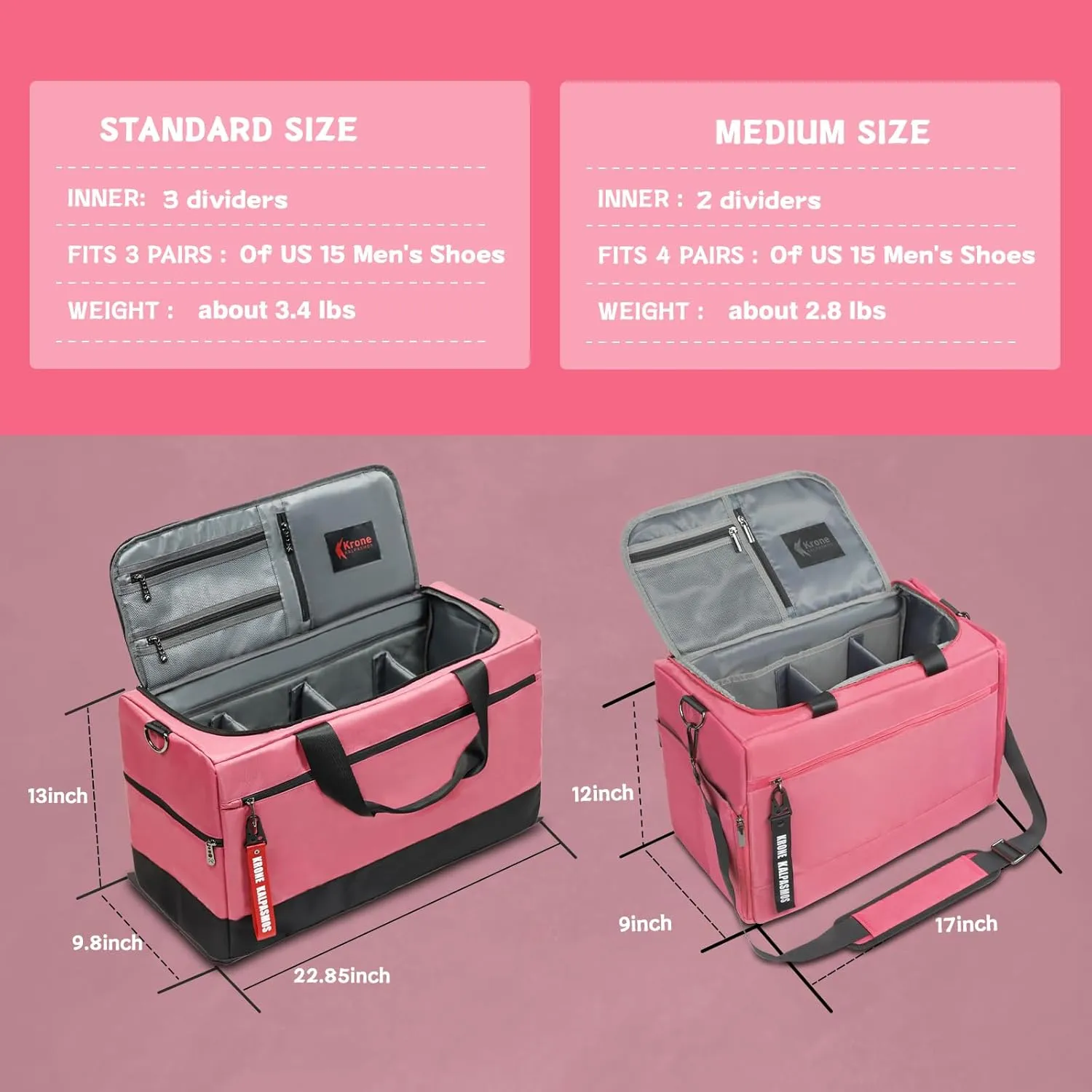 Krone Kalpasmos Sneaker Bag for Travel/Sneakerhead gift/Sports Bag/Gym Bag, Medium-Size Multi-functional Travel Duffel Bag with 2 Adjustable Dividers, & Shoulder Strap, Made of Nylon Pink