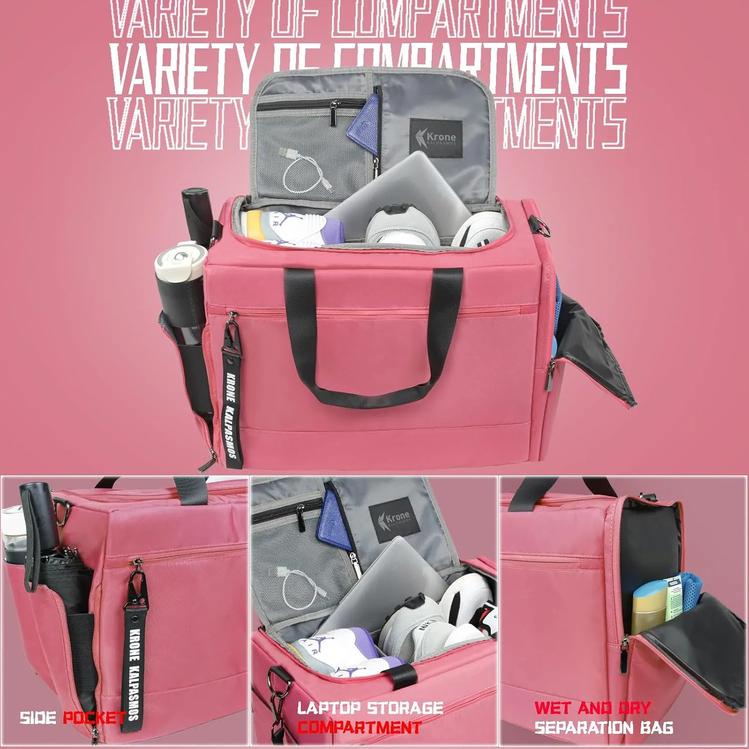 Krone Kalpasmos Sneaker Bag for Travel/Sneakerhead gift/Sports Bag/Gym Bag, Medium-Size Multi-functional Travel Duffel Bag with 2 Adjustable Dividers, & Shoulder Strap, Made of Nylon Pink