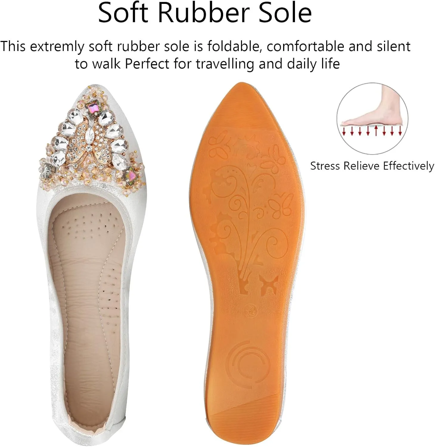 KUNWFNIX Women Ballet Flats Rhinestone Wedding Ballerina Shoes Foldable Sparkly Comfort Slip on Flat Shoes