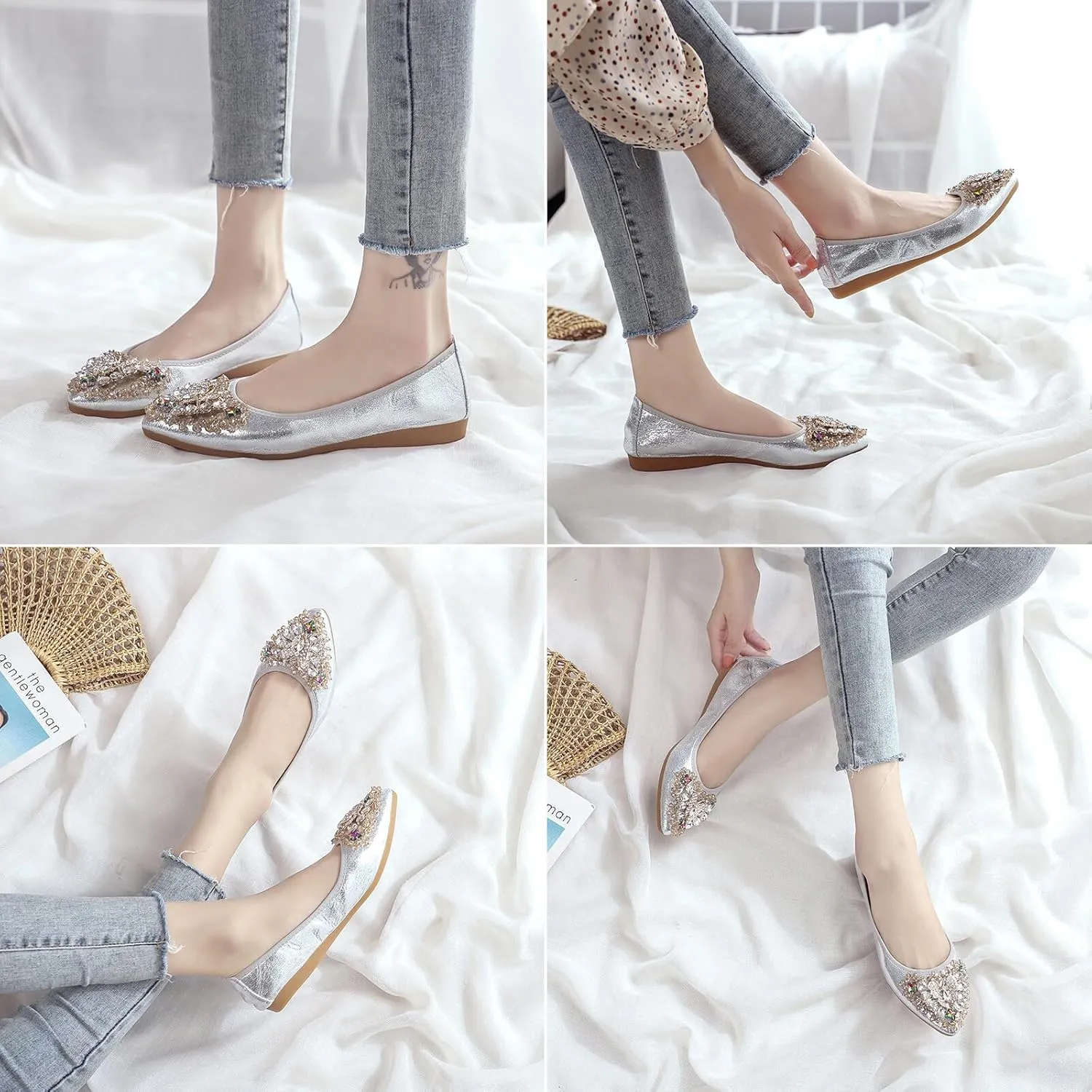 KUNWFNIX Women Ballet Flats Rhinestone Wedding Ballerina Shoes Foldable Sparkly Comfort Slip on Flat Shoes