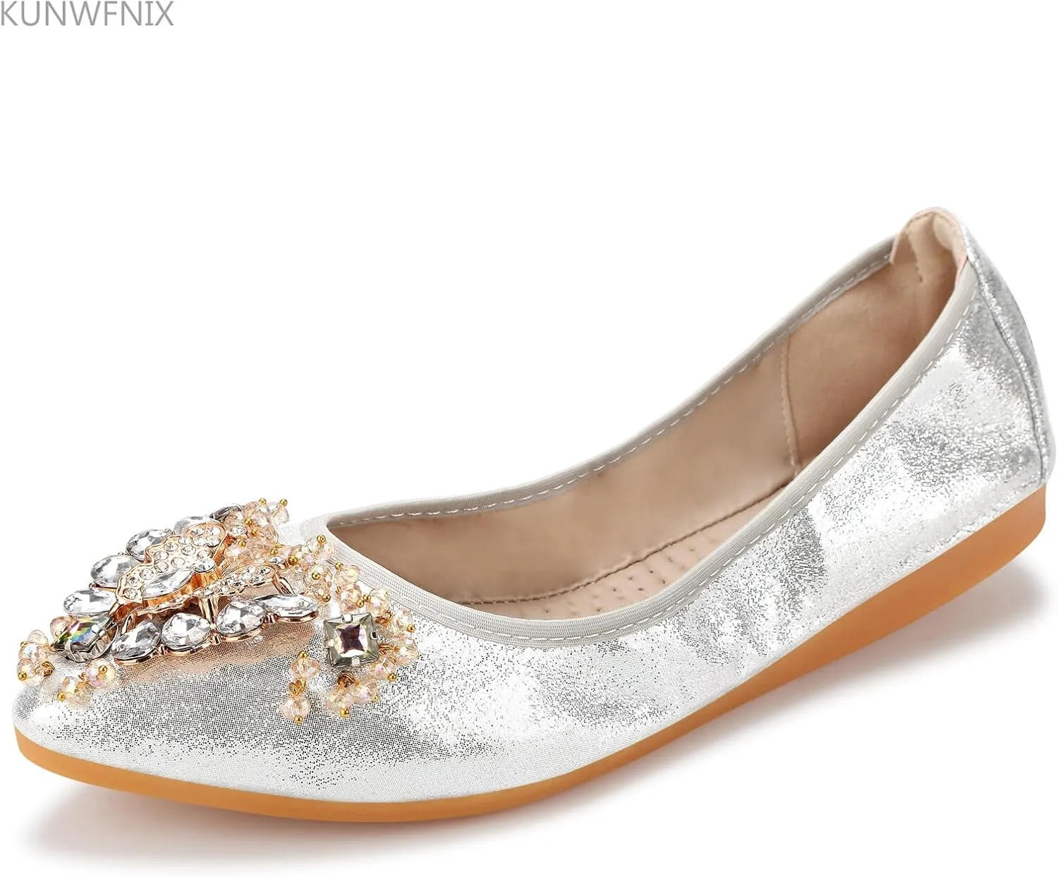 KUNWFNIX Women Ballet Flats Rhinestone Wedding Ballerina Shoes Foldable Sparkly Comfort Slip on Flat Shoes